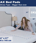 Hella Massive Disposable Incontinence Bed Pads 57X36 Inch on a mattress, showing 36" x 57" size and use for adult care.