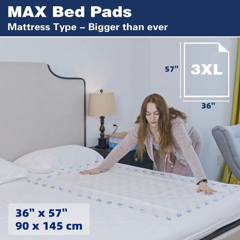 Hella Massive Disposable Incontinence Bed Pads 57X36 Inch on a mattress, showing 36" x 57" size and use for adult care.