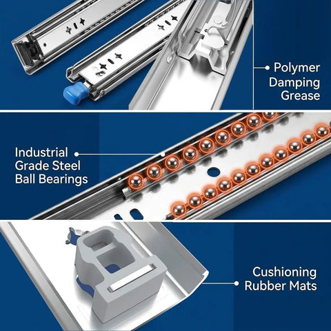 Beefed Up Heavy Duty Full Extension Drawer Slides Set for Cabinets and RVs Side Mount Ball Bearing Rails, polymer grease, and steel bearings