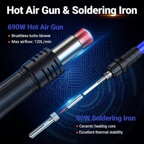 690W hot air gun and 60W soldering iron components of 2-In-1 Soldering And Hot Air Rework Station With Large LCD Display PID Temperature Control