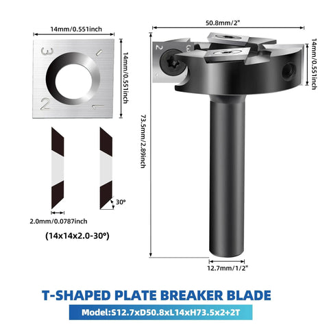 CNC Spoilboard Surfacing Router Bit With One Half Inch Shank And Two Inch Cutting Diameter, Balanced Two Plus Two Carbide Inserts For Slab Flattening And Planing, Industrial Grade Woodworking Tool showing dimensions and carbide inserts.