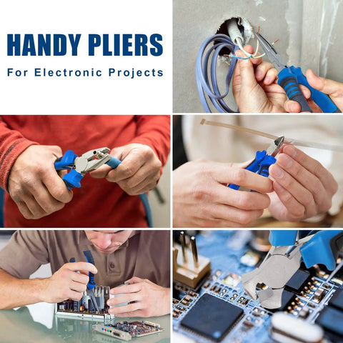 Six Piece Mini Pliers Set With Precision Tools used in electronics and DIY projects, showcasing various pliers in action.