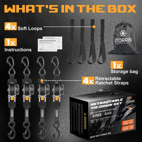 Self Retracting Ratchet Straps 1 Inch By 10 Feet, 1650 Pound Break Strength, 4-pack with soft loops and storage bag image.