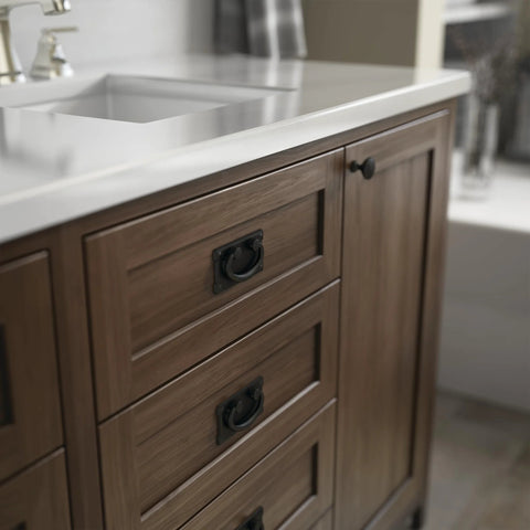 Matte Black Five Pack Cabinet Handles With Three Inch Center To Center Spacing Vintage Drawer Pulls For Kitchens Cabinets Doors And Dressers Durable Metal Hardware For Quick Home Refresh installed on a wooden cabinet under a white countertop sink.