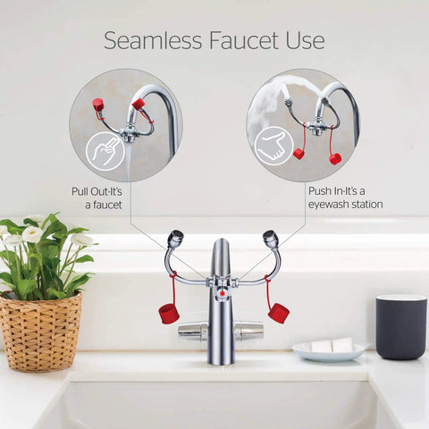 Emergency Eyewash Station With Dual Spray Heads For Lab, Factory, Office And Home Faucet Mounted Eye Wash System With Filtered Water, No Wait Hands Free Operation, 4 Adapters Included