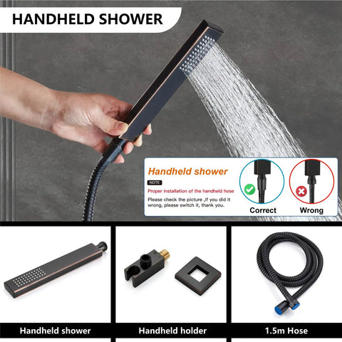 Wall Mount Shower System With Square Rain Shower Head And Hand Sprayer Rough In Valve And Trim Kit Included 12 Inch Oil Rubbed Bronze Finish Modern Space Saving Shower Faucet Set For An Easy Install And Bathroom Upgrade handheld sprayer with hose and installation guide