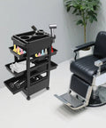 Professional 5 Tray Salon Rolling Cart With Smooth Gliding Wheels And Heaps Of Storage Space For Hair Stylists Seeking A No Fuss Setup And Reliable Organization Built To Rock Every Day in black with grooming tools.