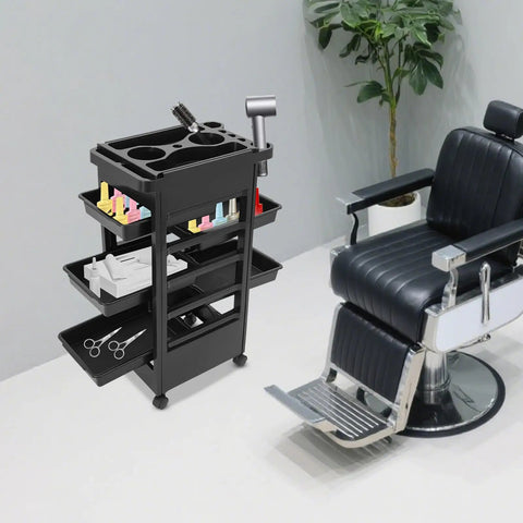 Professional 5 Tray Salon Rolling Cart With Smooth Gliding Wheels And Heaps Of Storage Space For Hair Stylists Seeking A No Fuss Setup And Reliable Organization Built To Rock Every Day in black with grooming tools.