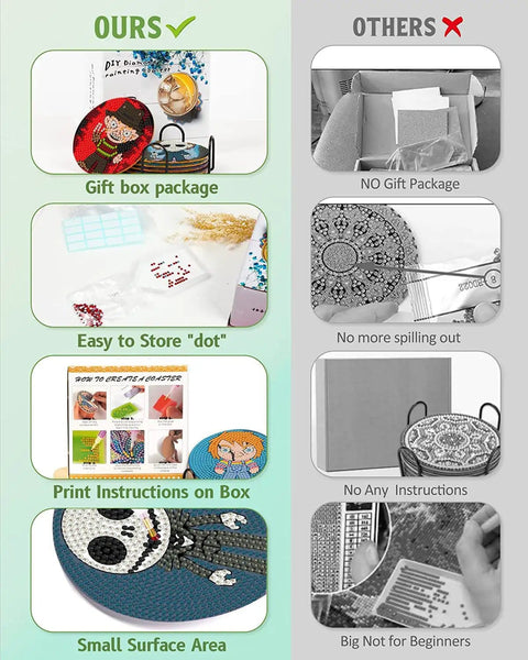 Comparison image showing 8Pcs Diamond Painting Coasters With Holder For Diy Halloween Themed Coasters Perfect For Adults And Kid Friendly Beginners Round Full Drill Diamond Art Craft Kit With Fun Colorful Designs, highlighting packaging, instructions, and ease of use.
