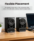 Desktop Speaker System With 2.75 Inch Full Range Drivers And Bluetooth 6.0, flexible placement on a desk beside a laptop.