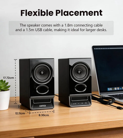 Desktop Speaker System With 2.75 Inch Full Range Drivers And Bluetooth 6.0, flexible placement on a desk beside a laptop.