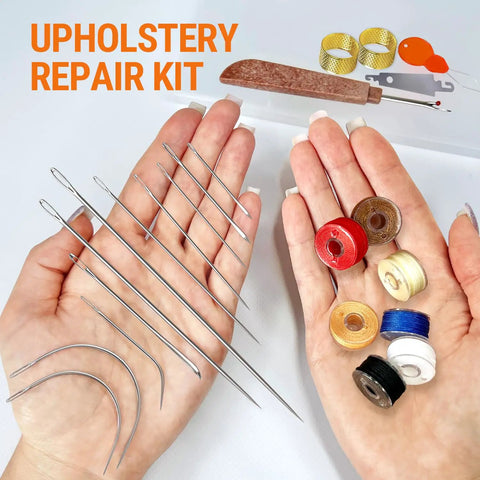 Heavy Duty Sewing Needles Set With Waxed Thread Spools, 11 Tough Needles And 7 Color Waxed Threads For Shop Ready Upholstery