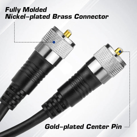 2 Pack 2ft Coax Cable Jumper For Ham Radio And CB With PL259 UHF Connectors showing fully molded nickel-plated brass connectors