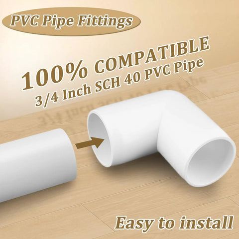 Twelve Pack Three Quarter Inch PVC 90 Degree Elbow Fittings Furniture Grade UV Resistant For SCH40 Pipe on wood surface