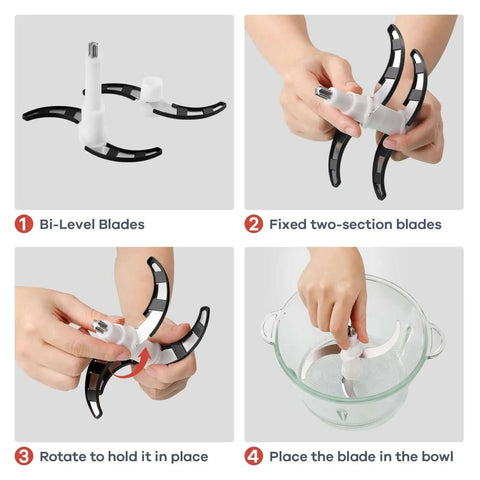 Steps to install blades for Food Processor Chopper And Meat Grinder With 2 Speed Settings And 8 Cup Stainless Steel And 8 Cup Glass Bowls