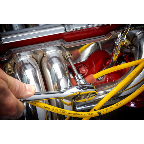 Using Mid-Length 3/8 Inch Drive Hex Bit Socket SAE 5/16 Inch on an engine, showing S2 Steel Insert Bits and Heat-Treated Socket Bases