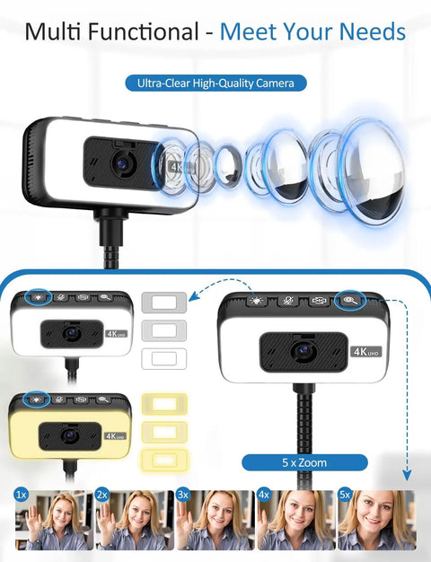 Super Sharp 4K Streaming Webcam With Auto Focus And Soft Key Light For Pc Laptop Desk Setup showing camera features and zoom options.