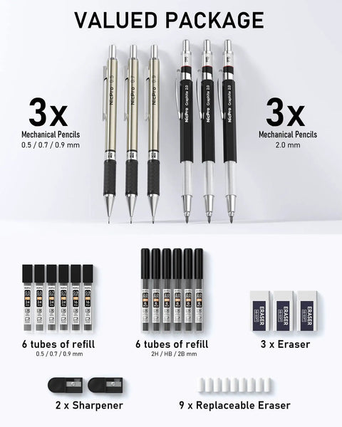 Do It All Six Piece Art Mechanical Pencil Set with 0.5mm, 0.7mm, 0.9mm, and 2.0mm pencils plus lead refills, erasers, and sharpeners.
