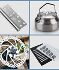 Collage with metal hinge, kettle, bicycle rotor, and vent covers, possibly related to One Quarter Inch Thick 6061 Aluminum Sheet 6X12 Inch.