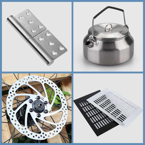 Collage with metal hinge, kettle, bicycle rotor, and vent covers, possibly related to One Quarter Inch Thick 6061 Aluminum Sheet 6X12 Inch.
