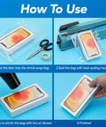 Straight Up Solid Heavy Duty Heat Shrink Wrap Bags 500 Pack 4x6 Inch Clear Film used for sealing phone packaging steps.