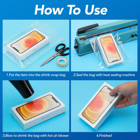 Straight Up Solid Heavy Duty Heat Shrink Wrap Bags 500 Pack 4x6 Inch Clear Film used for sealing phone packaging steps.