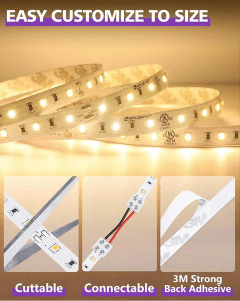 Close-up of 24V LED Strip Lights 26.2ft Warm White 3000K Cuttable Tape With Self Adhesive Backing showing connectors and adhesive