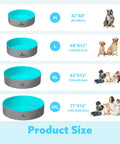 Product size chart for foldable dog pool, M to 2XL, showing dimensions and suitable pets/children, including 71x12in pool for pets and kids.