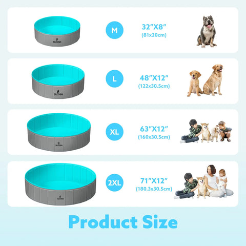Product size chart for foldable dog pool, M to 2XL, showing dimensions and suitable pets/children, including 71x12in pool for pets and kids.