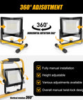 Super Bright 21000 Lumen LED Work Lights On Stand With Two Heads showing 360-degree adjustment features