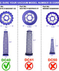 Image showing size comparison of filters for Dyson DC40, DC41, DC50 models; Two Pack Post Motor Filters And Two Pack Pre Motor Filters Replacement Set For Dyson DC40 Vacuum Models Light Ball Animal Multi Floor Origin Total Clean Compare To 923587 02 922676 01 for correct model