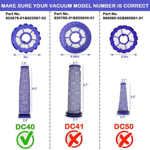 Image showing size comparison of filters for Dyson DC40, DC41, DC50 models; Two Pack Post Motor Filters And Two Pack Pre Motor Filters Replacement Set For Dyson DC40 Vacuum Models Light Ball Animal Multi Floor Origin Total Clean Compare To 923587 02 922676 01 for correct model