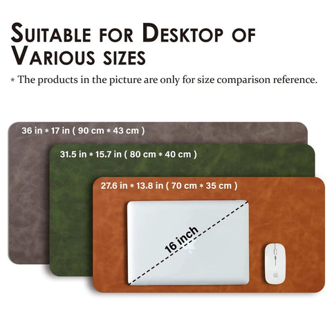 Three desk pads in various sizes, including the Forest Green Distressed PU Leather Desk Pad Non Slip Desk Mat For Home And Office Large 36x17 Inches Ideal Desk Organizer Heavy Duty Mouse Pad And Desk Mat For On Top Of Desks All Weather Water Resistant.