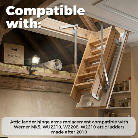 55-2 Attic Ladder Hinge Arms Replacement for Werner Mk5 WU2210 W2208 W2210 shown in attic setting