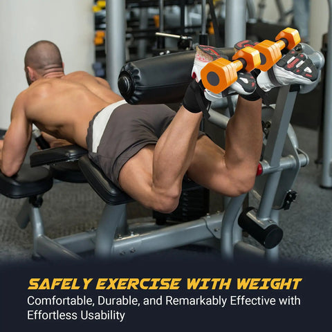 Individual using ankle straps for dumbbells on a leg extension machine. Ankle Straps For Dumbbells And Cable Machines With Extra Long Nylon Strap For Tibialis Training, Leg Extensions And Hamstring Curls, Durable Nylon And EVA, Adjustable 35.4 Inch Fit For Women And Men visible.