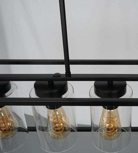 Close-up of glass shades and bulbs on Black Farmhouse Style 5-Light Rectangle Chandelier With Glass Shades, 30x10 inches.