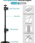 Heavy Duty Flexible Webcam Stand Arm With Smooth Tilting Desk Camera Mount Holder For Universal Quarter Inch Threads And Logitech Gear - Adjustable height, metal base, and tripod head.