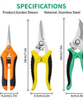Three garden shears with stainless steel blades, orange, yellow, and green ergonomic handles, showing sizes for 3 Pack Garden Pruning Shears Set With Stainless Steel Blades Ergonomic Anti Slip Handles Durable Garden Scissors For Plants And Flowers Easy Cut Clippers For Quick Pruning.