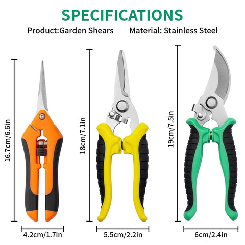 Three garden shears with stainless steel blades, orange, yellow, and green ergonomic handles, showing sizes for 3 Pack Garden Pruning Shears Set With Stainless Steel Blades Ergonomic Anti Slip Handles Durable Garden Scissors For Plants And Flowers Easy Cut Clippers For Quick Pruning.