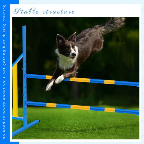 Dog leaping over adjustable wing jump hurdles for dog agility training, metal frame bar jumps, indoor outdoor course with stable support.