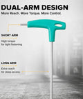 3mm T Handle Hex Key Wrench Beefy Long Arm Heavy Duty CRV Steel Ergonomic Hex Wrench For Furniture Bicycles Auto Repair And Home DIY Green All Purpose showing dual-arm design
