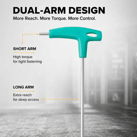 3mm T Handle Hex Key Wrench Beefy Long Arm Heavy Duty CRV Steel Ergonomic Hex Wrench For Furniture Bicycles Auto Repair And Home DIY Green All Purpose showing dual-arm design
