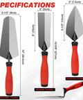 Three Piece Masonry Tools Set Featuring Seven Inch Gauging Trowel, Six Inch Margin Trowel, Five And A Half Inch Pointing Trowel, Beefy Carbon Steel Heavy Duty, Soft Grip Handles, Brushed Finish For Concrete Cement Plaster And Tile Projects displayed with specifications.