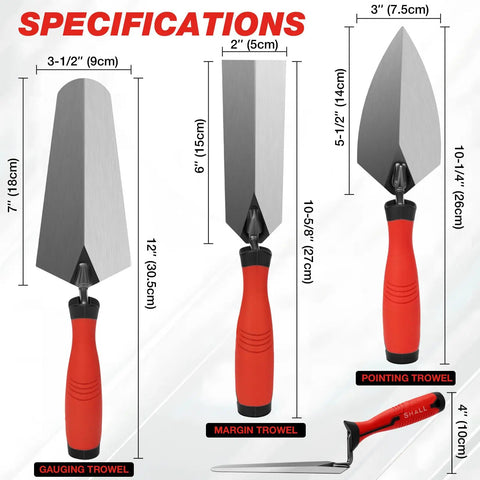 Three Piece Masonry Tools Set Featuring Seven Inch Gauging Trowel, Six Inch Margin Trowel, Five And A Half Inch Pointing Trowel, Beefy Carbon Steel Heavy Duty, Soft Grip Handles, Brushed Finish For Concrete Cement Plaster And Tile Projects displayed with specifications.