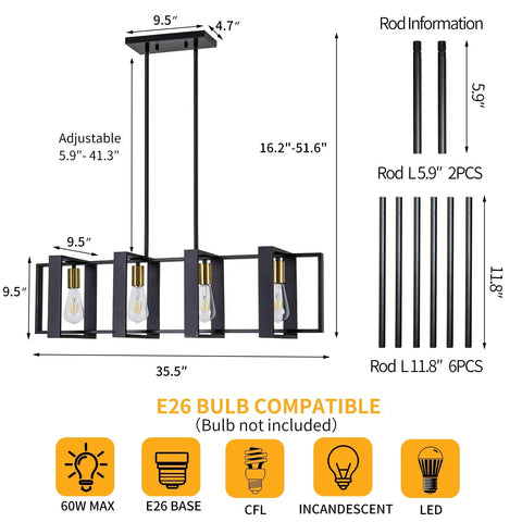 Farmhouse Kitchen Island Lighting Black Chandelier Set with Wooden Rectangular Frame showing dimensions and rod info