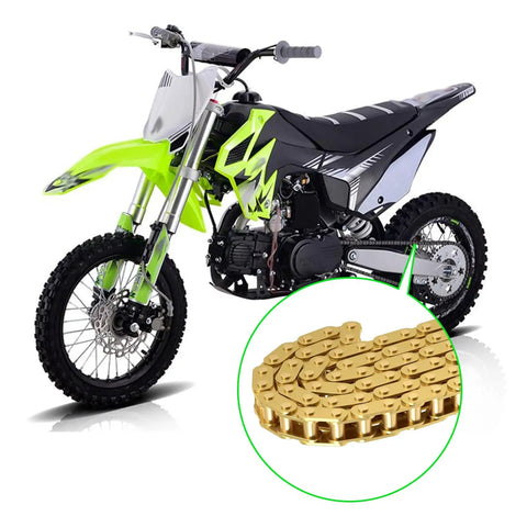 Image of a dirt bike with a 134 Link Drive Chain For 2 Stroke Dirt Bikes And Pocket Rockets, displaying a detailed view of the gold chain.