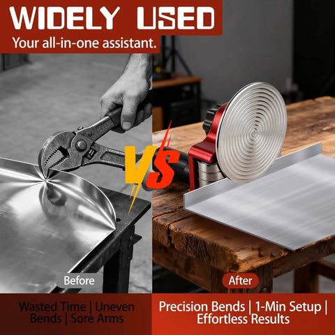 Comparison showing manual bending vs Sheet Metal Bender Hand Held Bending Tool For Steel Aluminum Copper Compact Metal Folding Machine