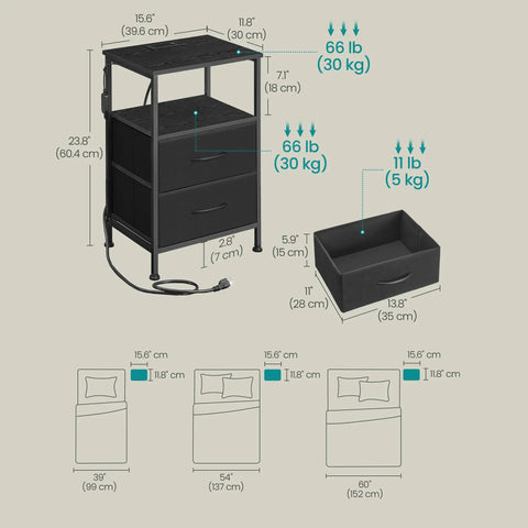 Solid Industrial Nightstand With Fast Charge Hub And Smart Led Dimmer Two Deep Drawers Plus Open Shelf Rustic Brown Black Frame dimensions and features.