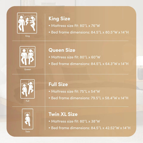 Size chart for Premium King Solid Wood Bed Frame With Classic Japanese Joinery and Reinforced Wooden Slats for various mattress sizes.