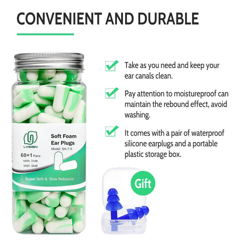 Ultra Soft Foam Ear Plugs For Sleep 60 Pairs With 38dB SNR Noise Reduction jar in green and white, with bonus silicone plugs